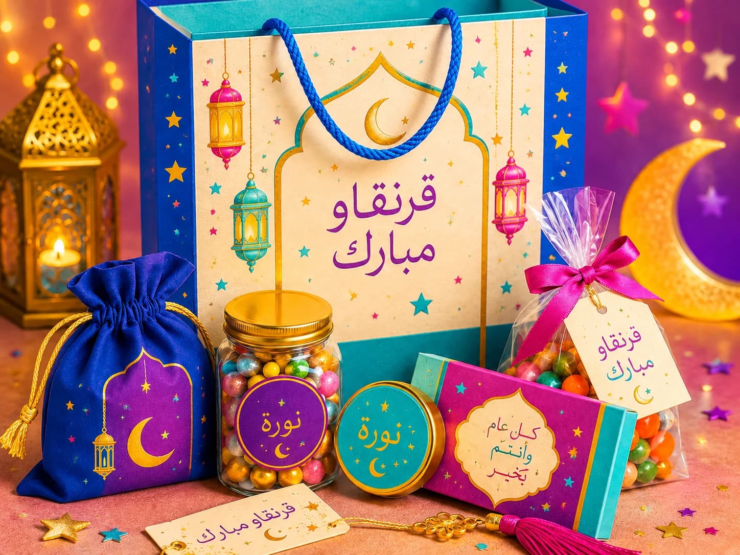 نموذج توضيحي لباقة قرنقعوه ملونة ومخصصة باسم الطفل