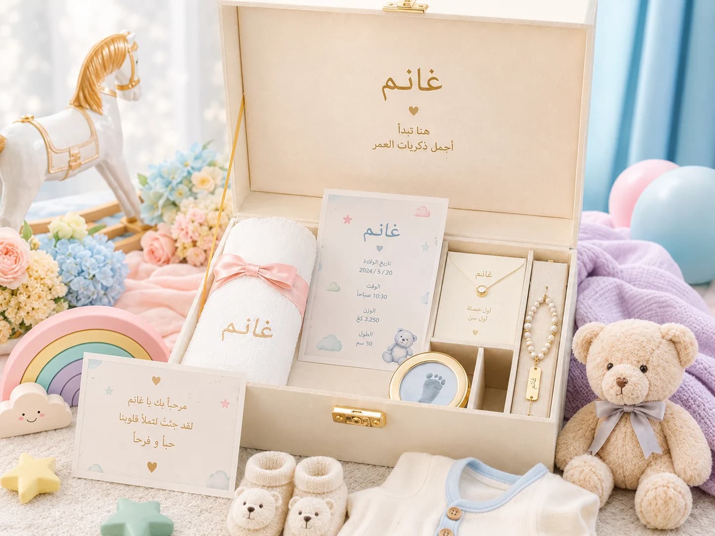 نموذج توضيحي لصندوق ذكريات مولود مخصص باسم غانم