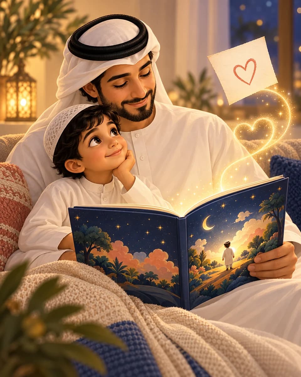 مشهد قصصي توضيحي لرسالة عاطفية من أحد الوالدين إلى الطفل